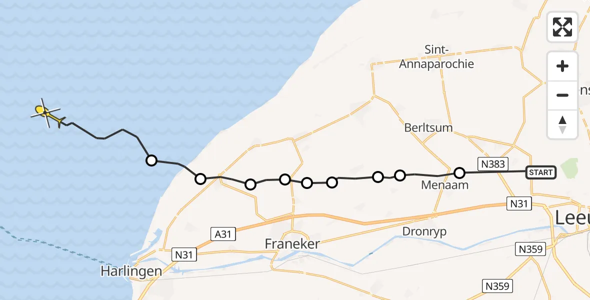 Routekaart van de vlucht: Ambulanceheli naar West-Terschelling, Bitgumerdyk