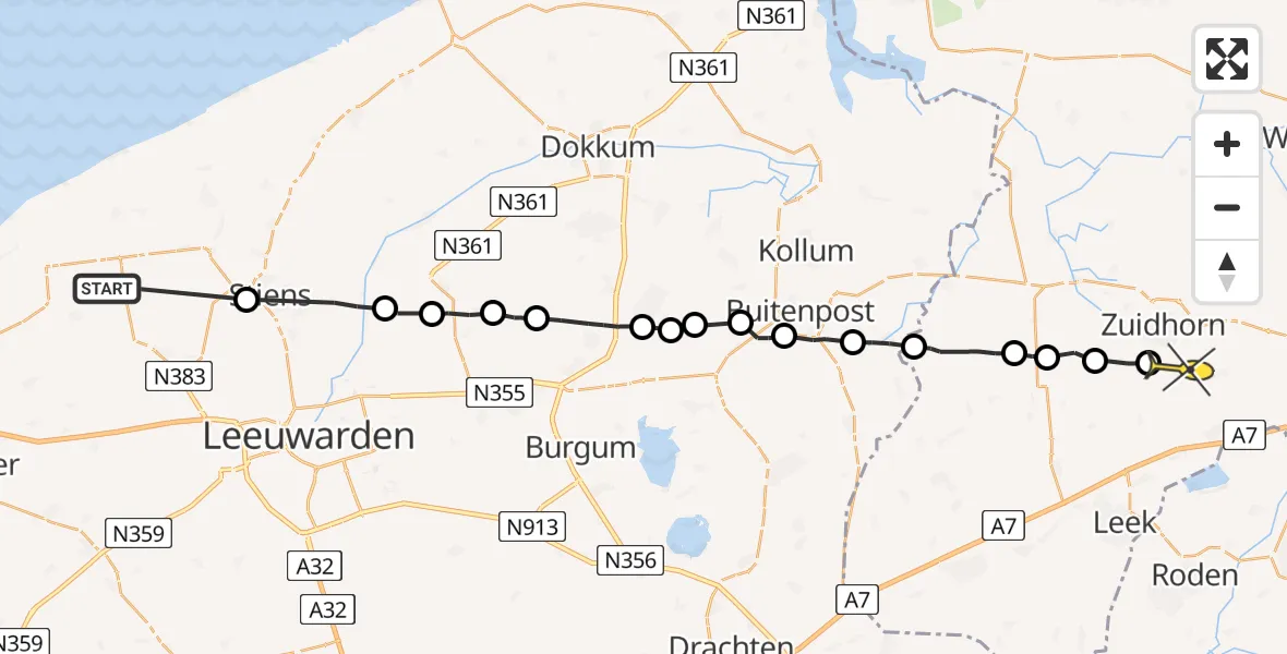 Routekaart van de vlucht: Ambulancehelikopter naar Zuidhorn, Nijlânsdyk