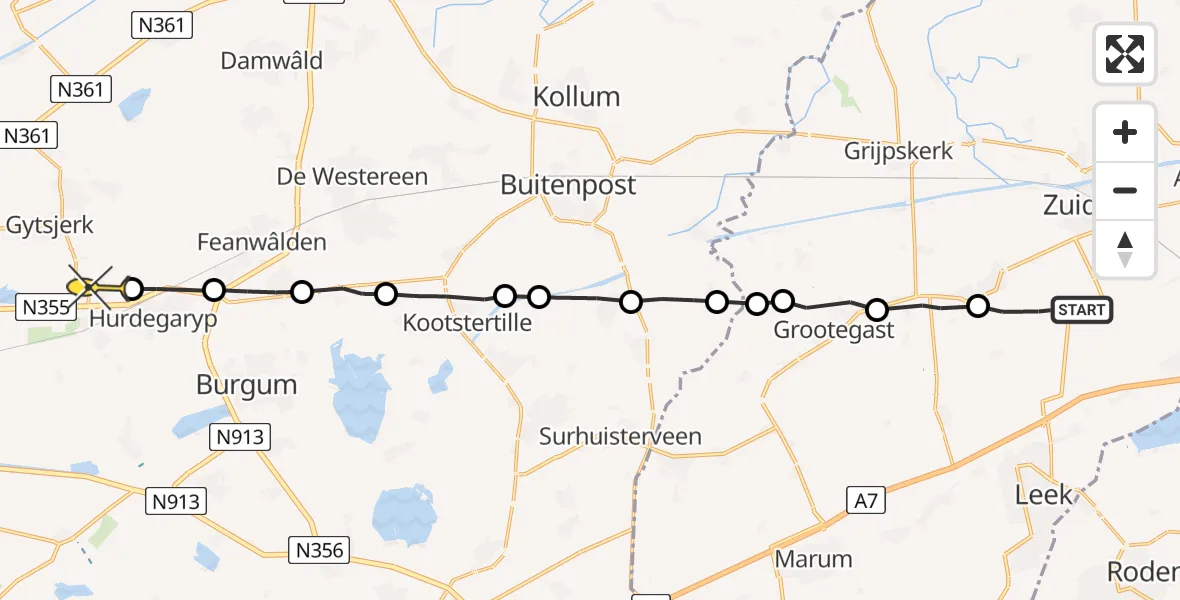 Routekaart van de vlucht: Ambulancehelikopter naar Ryptsjerk, Dijkstreek