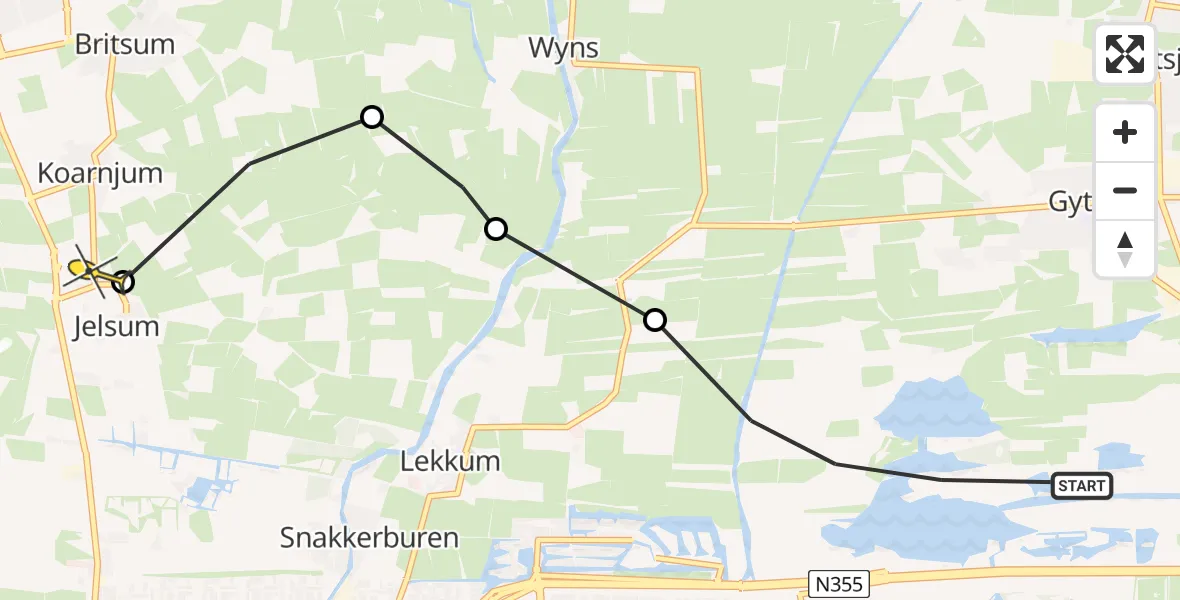 Routekaart van de vlucht: Ambulanceheli naar Jelsum, Groningerstraatweg