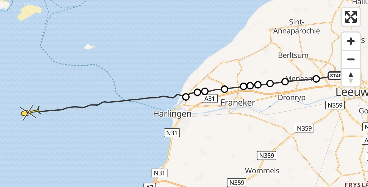 Routekaart van de vlucht: Ambulanceheli naar Harlingen, Westergoawei