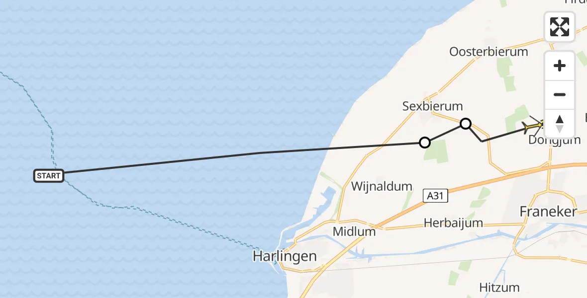 Routekaart van de vlucht: Ambulancehelikopter naar Klooster Lidlum, Tzummarumerweg