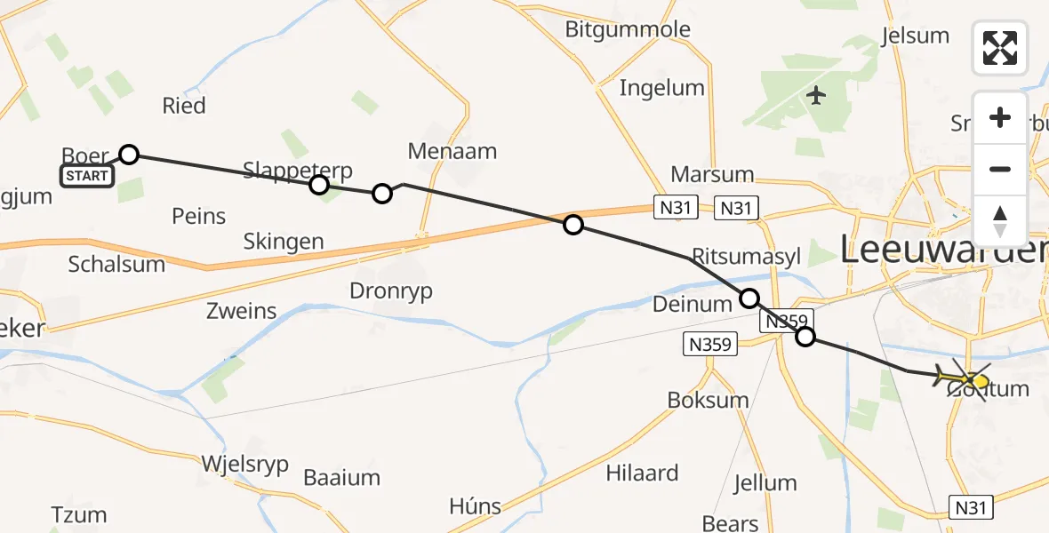 Routekaart van de vlucht: Ambulanceheli naar Goutum, Slappeterpsterdyk