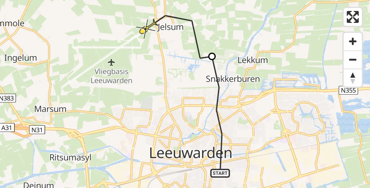 Vluchtroute Ambulancehelikopter van Leeuwarden naar Vliegbasis Leeuwarden