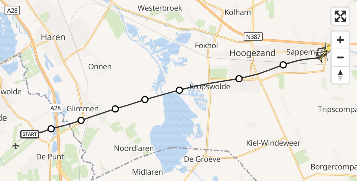 Routekaart van de vlucht: Lifeliner 4 naar Sappemeer, Burgemeester J.G. Legroweg