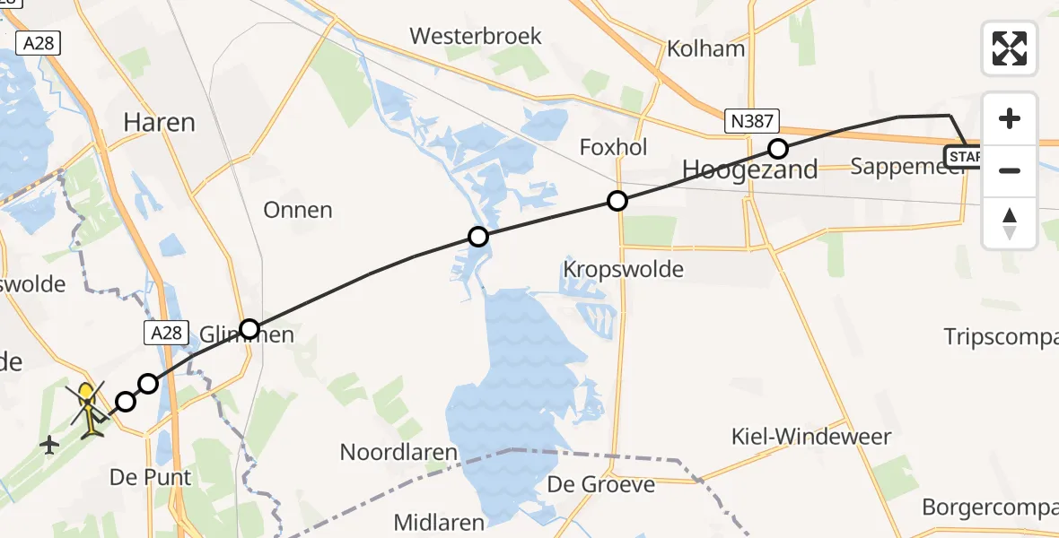 Routekaart van de vlucht: Lifeliner 4 naar Groningen Airport Eelde, Rijksweg Oost
