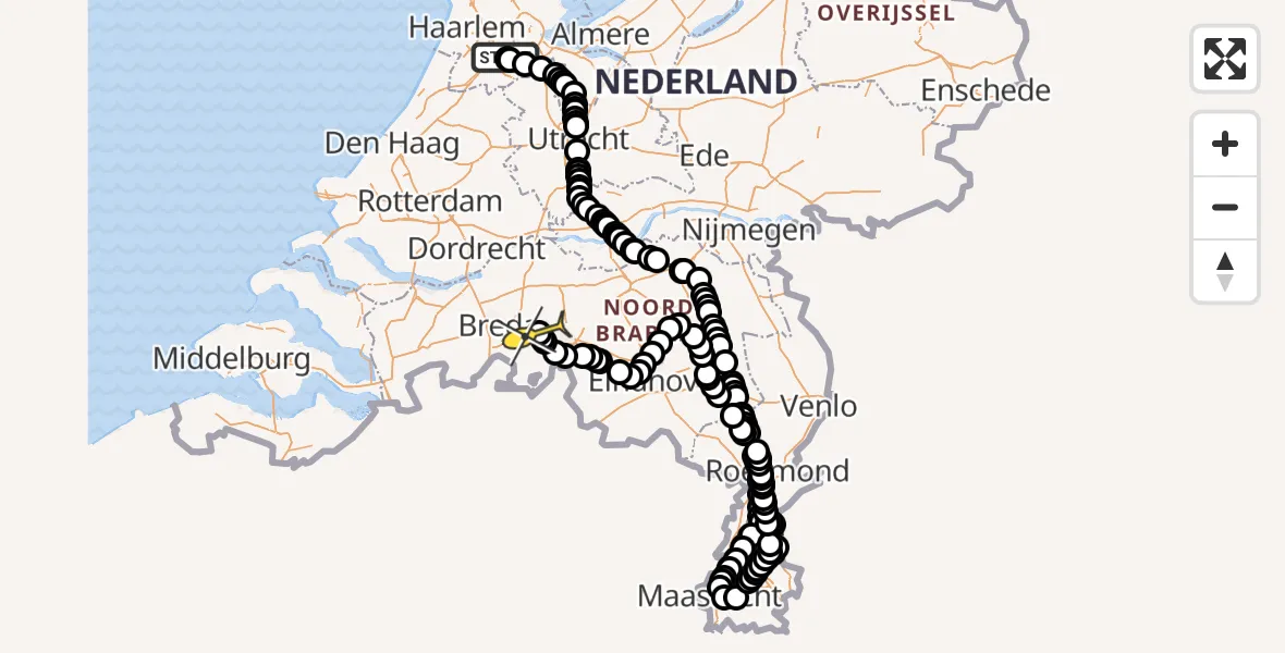 Vluchtroute Politiehelikopter van Schiphol naar Vliegbasis Gilze-Rijen