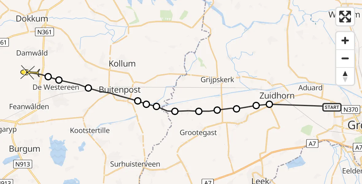 Routekaart van de vlucht: Ambulanceheli naar Broeksterwâld, Wederik