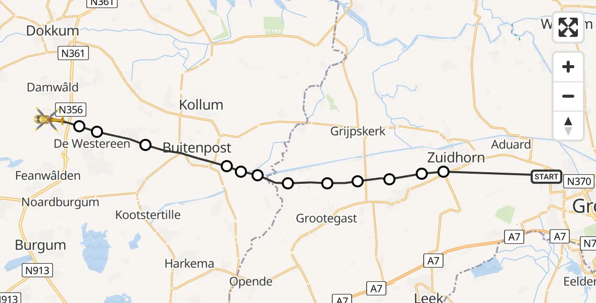 Vluchtroute Ambulancehelikopter Groningen - Broeksterwâld, 16 mei 2024, 07:28