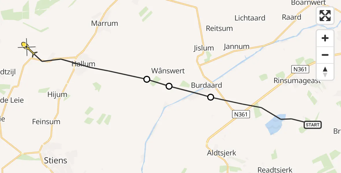 Routekaart van de vlucht: Ambulancehelikopter naar Oudebildtzijl, Galgesleat