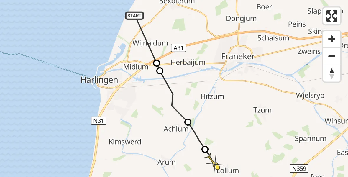 Routekaart van de vlucht: Ambulanceheli naar Lollum, Rijksweg