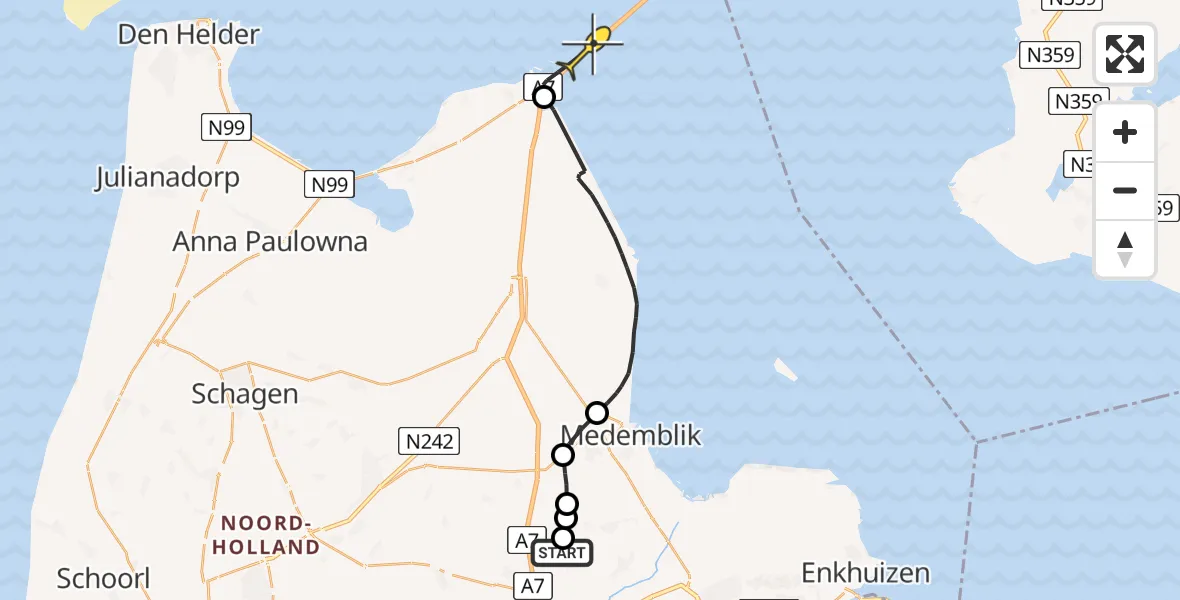 Routekaart van de vlucht: Politiehelikopter naar Den Oever, Zuidervolkersloot