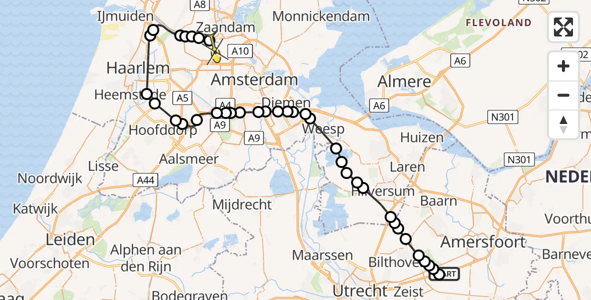 Routekaart van de vlucht: Lifeliner 1 naar Amsterdam Heliport, van Angerenstraat