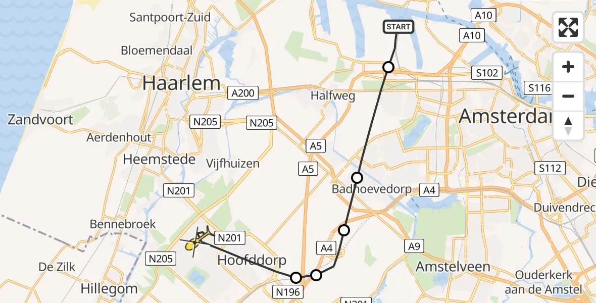 Routekaart van de vlucht: Lifeliner 1 naar Hoofddorp, Nieuw-Zeelandweg