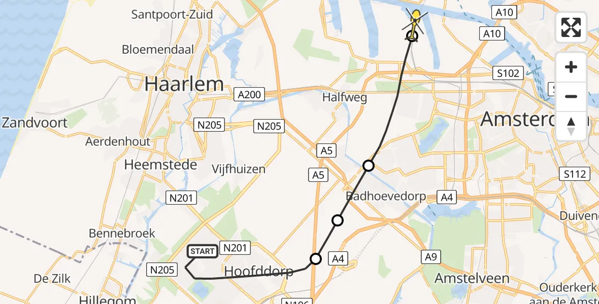 Routekaart van de vlucht: Lifeliner 1 naar Amsterdam Heliport, Almkerkplein