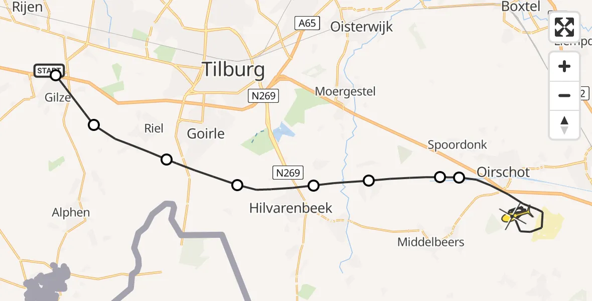Routekaart van de vlucht: Politiehelikopter naar Oirschot, Burgemeester Krollaan