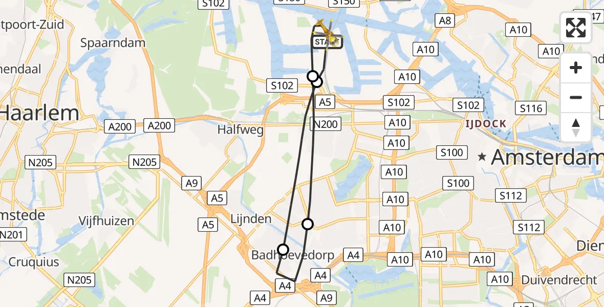 Vluchtroute Traumahelikopter van Amsterdam Heliport naar Amsterdam Heliport