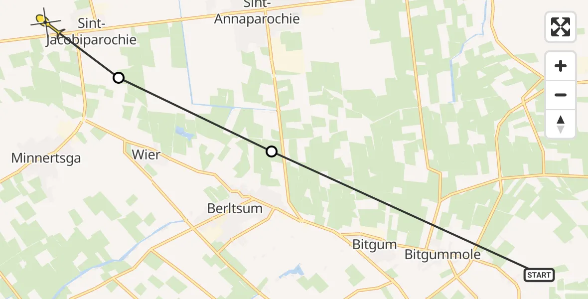 Routekaart van de vlucht: Ambulancehelikopter naar St.-Jacobiparochie, Hemmemaweg