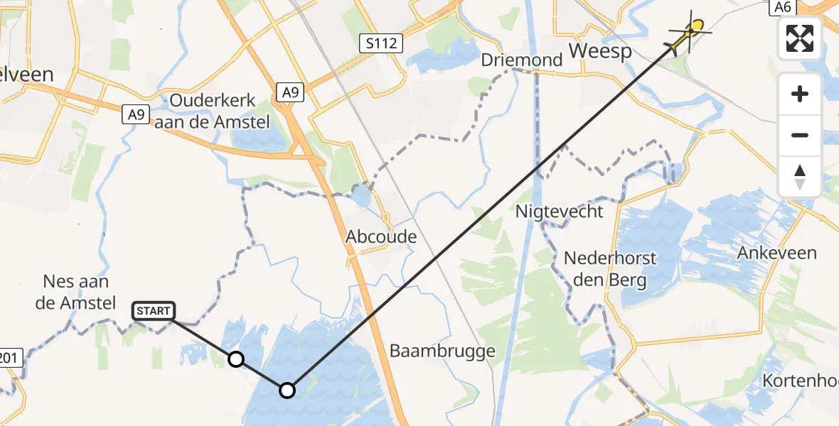 Routekaart van de vlucht: Politieheli naar Weesp, Botsholsedijk