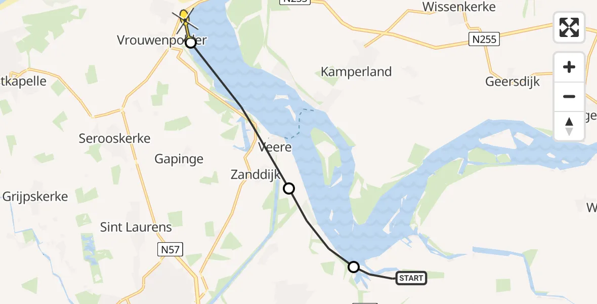 Routekaart van de vlucht: Politiehelikopter naar Vrouwenpolder, Zandkreekplaatweg