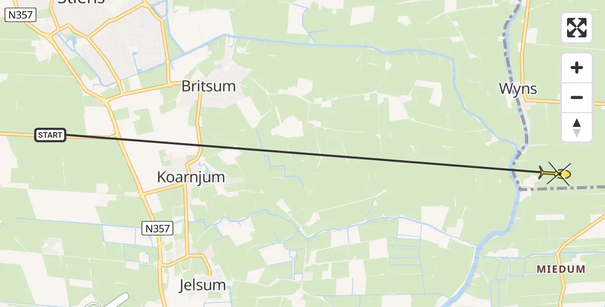 Routekaart van de vlucht: Ambulancehelikopter naar Wyns, Wyns