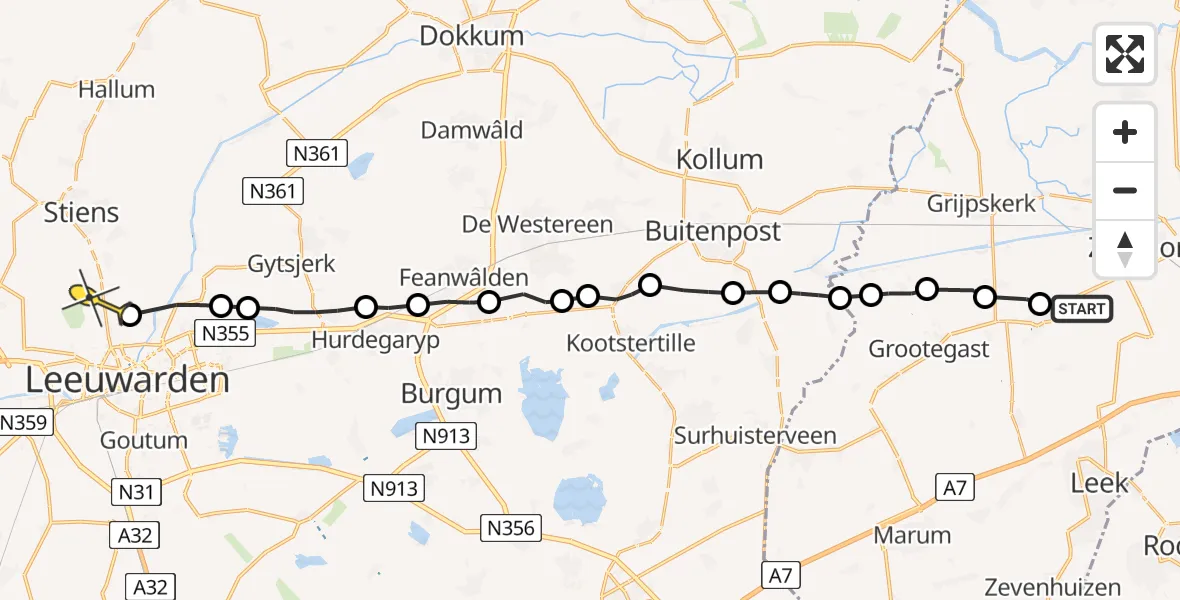 Routekaart van de vlucht: Ambulanceheli naar Vliegbasis Leeuwarden, Zandumerweg