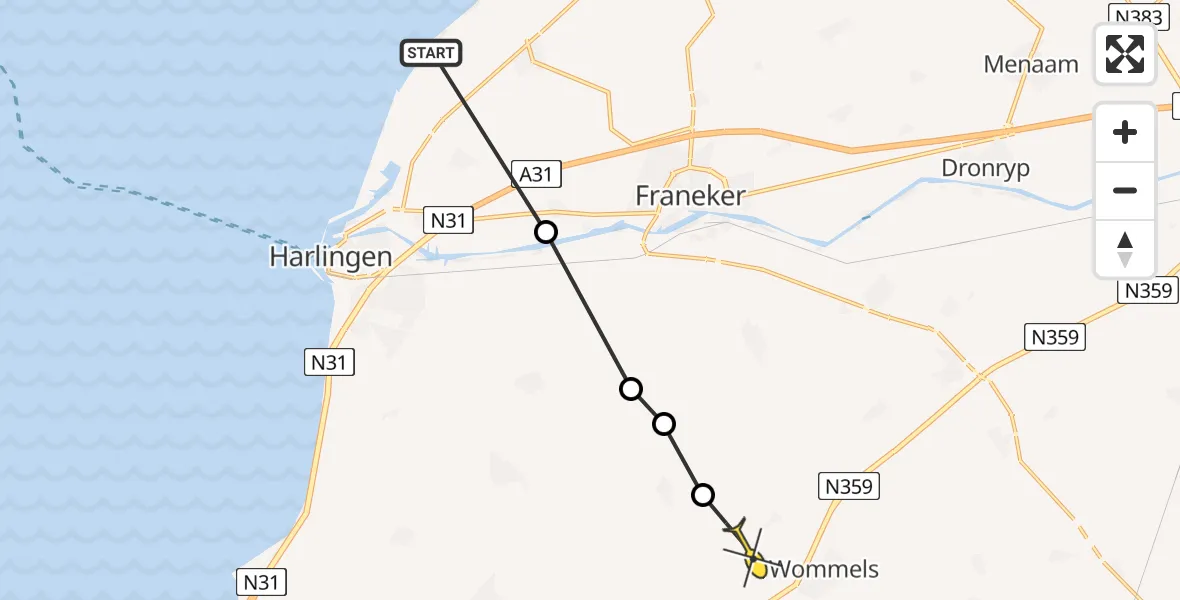 Routekaart van de vlucht: Ambulanceheli naar Kûbaard, Rijksweg