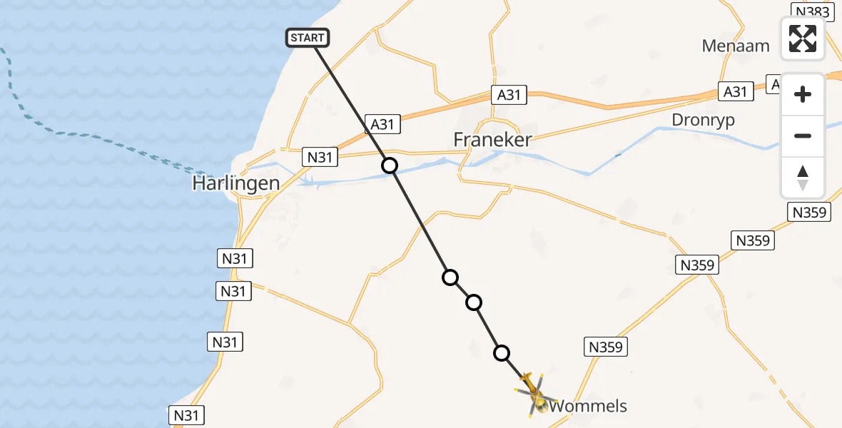 Vluchtroute Ambulancehelikopter Pietersbierum - Kûbaard, 16 mei 2024, 21:49