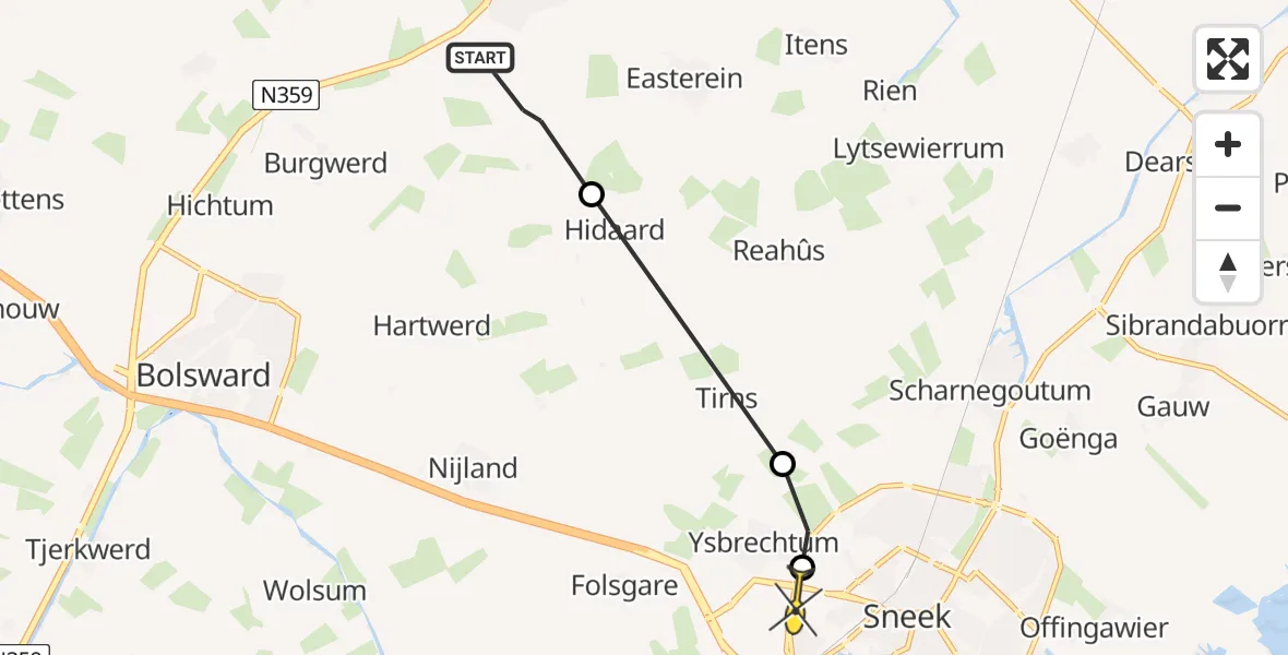 Routekaart van de vlucht: Ambulancehelikopter naar Sneek, Súdhoeke