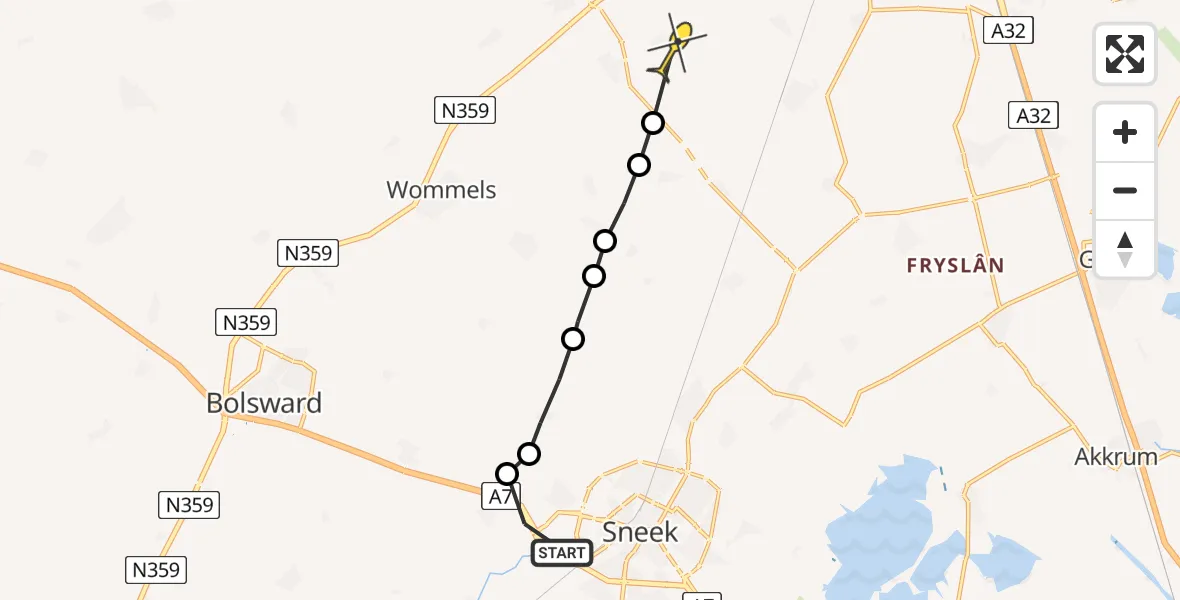 Routekaart van de vlucht: Ambulanceheli naar Baard, Sneek-West