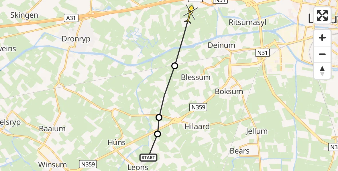 Routekaart van de vlucht: Ambulancehelikopter naar Marsum, Hoptille