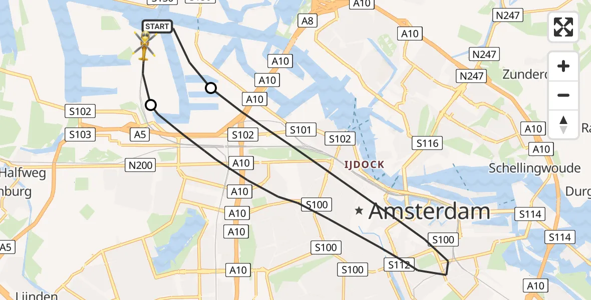 Vluchtroute Traumahelikopter van Amsterdam Heliport naar Amsterdam Heliport