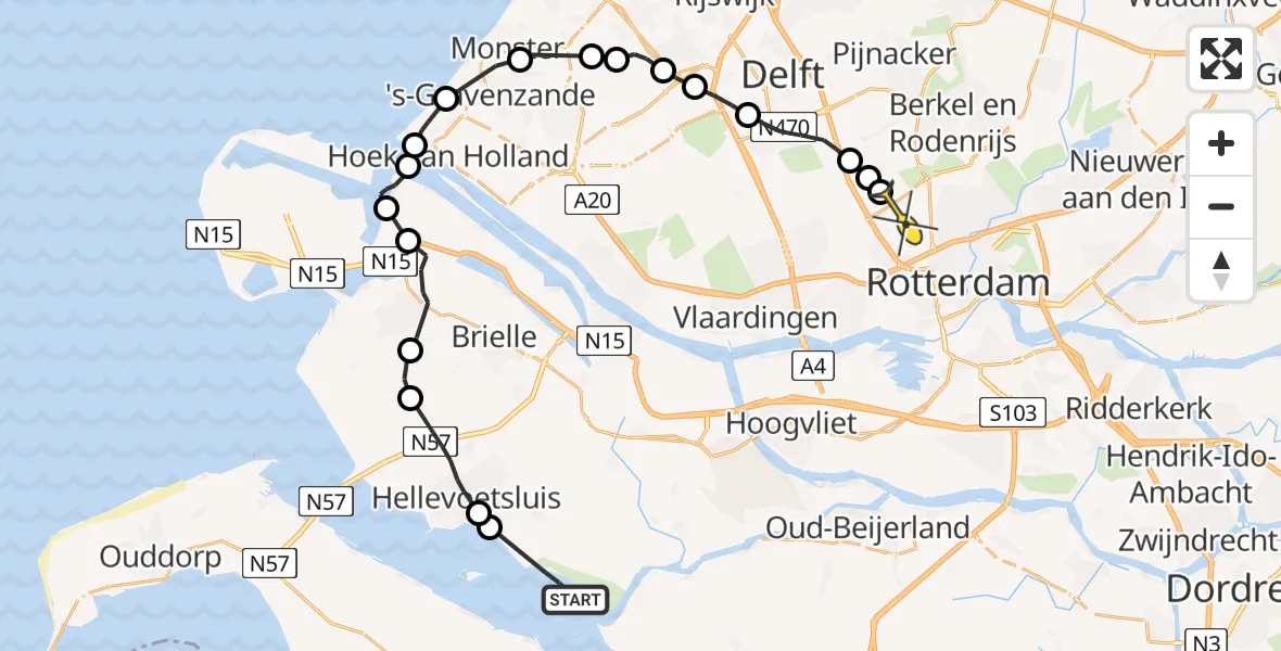 Routekaart van de vlucht: Politieheli naar Rotterdam The Hague Airport, Daan Monsterpad