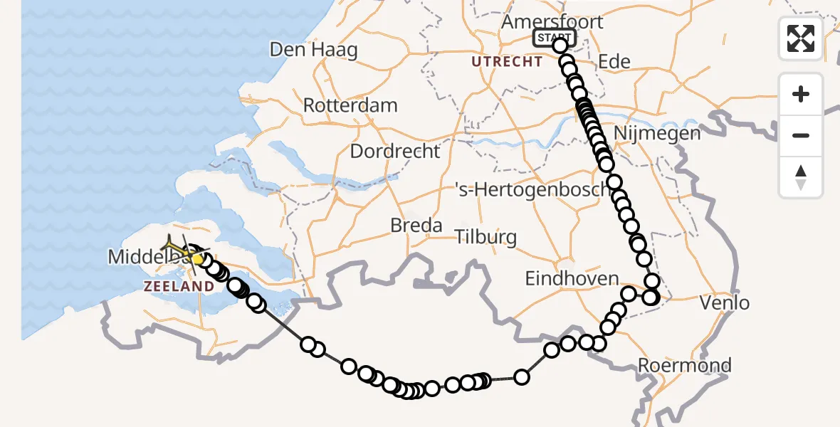 Routekaart van de vlucht: Politieheli naar Vliegveld Midden-Zeeland, Arnhemseweg
