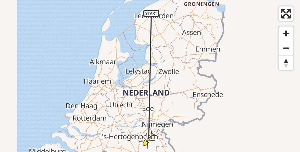 Vluchtroute Ambulancehelikopter van Leeuwarden naar Vliegbasis Volkel