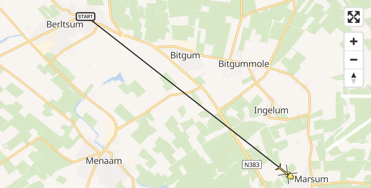 Routekaart van de vlucht: Ambulancehelikopter naar Marsum, Riemer Veemanstrjitte