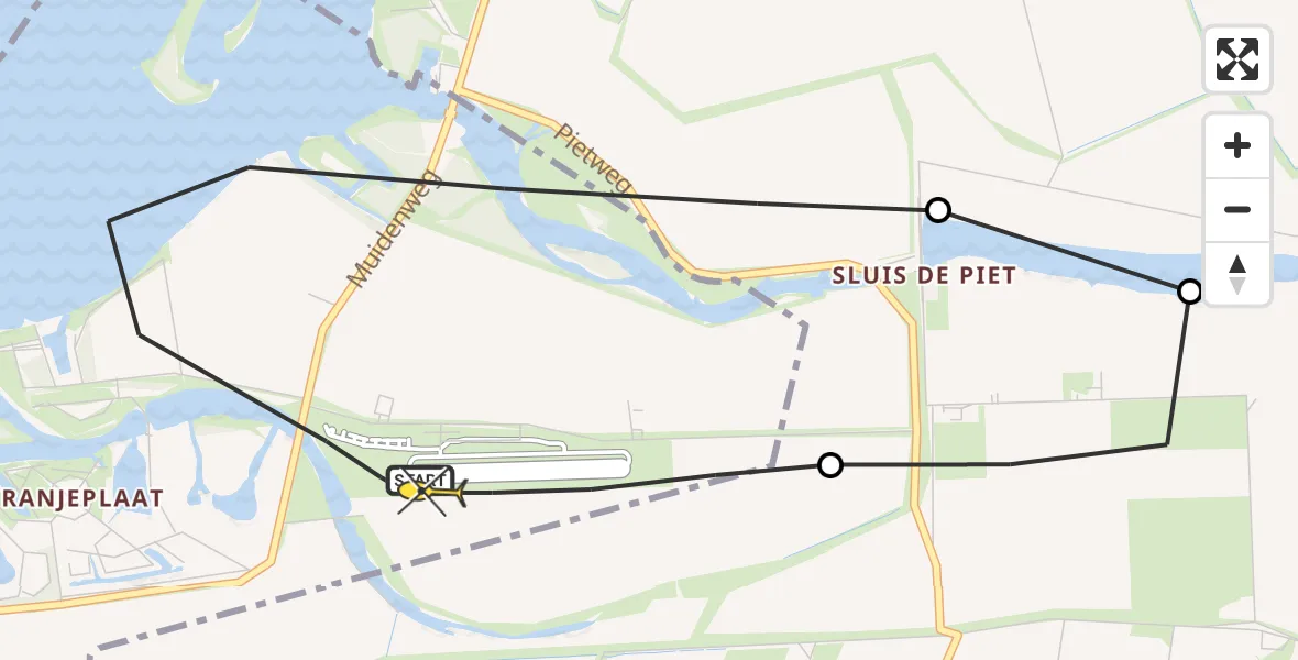 Routekaart van de vlucht: Politieheli naar Vliegveld Midden-Zeeland, Lamsoor