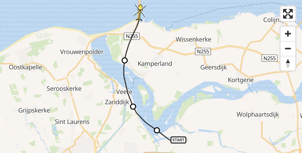 Routekaart van de vlucht: Politiehelikopter naar Vrouwenpolder, Lamsoor