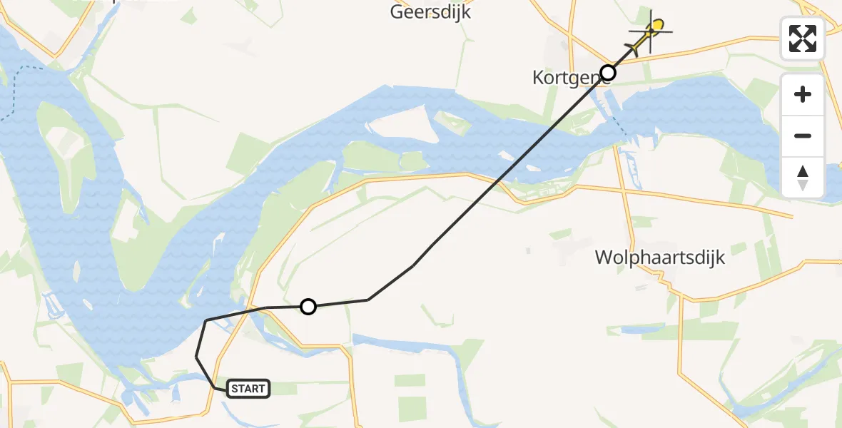 Routekaart van de vlucht: Politieheli naar Kortgene, Oranjeplaatweg