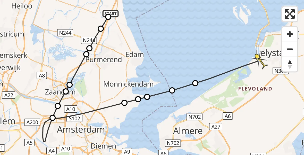 Routekaart van de vlucht: Lifeliner 1 naar Lelystad, NAM-locatie Middelie-Beemster-300