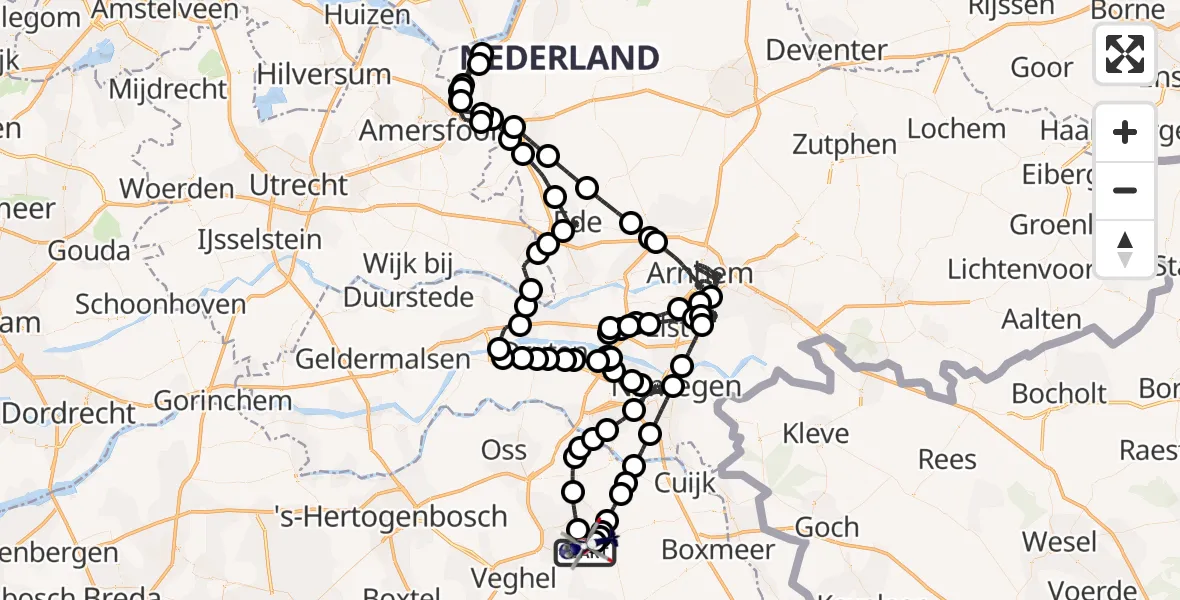Vluchtroute Politiehelikopter van Vliegbasis Volkel naar Vliegbasis Volkel