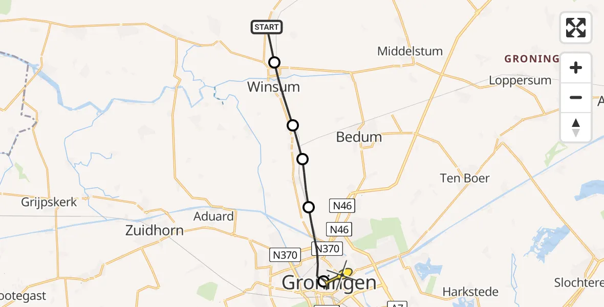 Routekaart van de vlucht: Lifeliner 4 naar Universitair Medisch Centrum Groningen, Sasmaweg