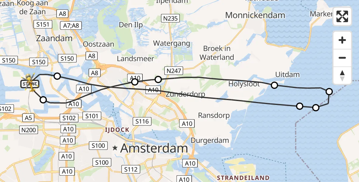 Vluchtroute Traumahelikopter van Amsterdam Heliport naar Amsterdam Heliport