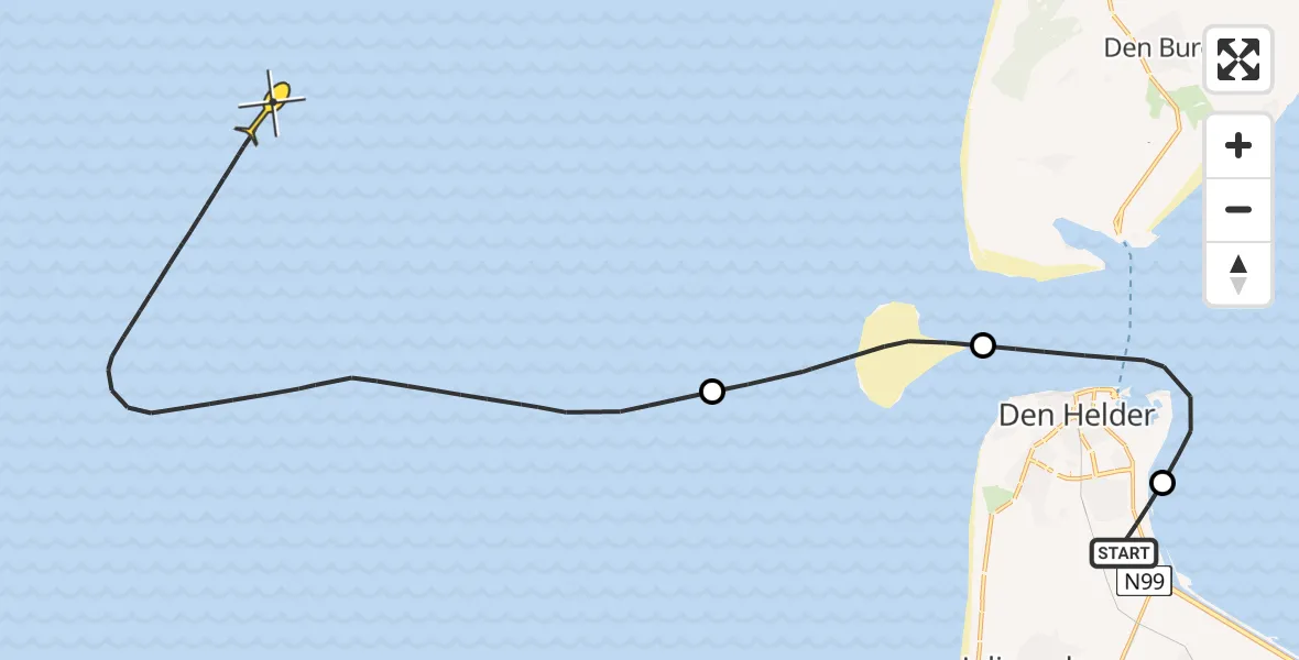 Vluchtroute Kustwachthelikopter van Vliegveld De Kooy naar 