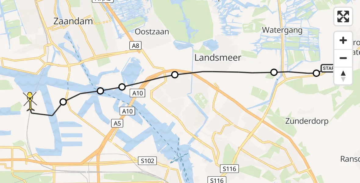 Routekaart van de vlucht: Lifeliner 1 naar Amsterdam Heliport, Kanaaldijk