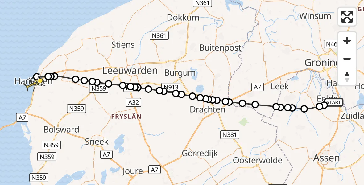 Routekaart van de vlucht: Lifeliner 4 naar Harlingen, Veldkampweg