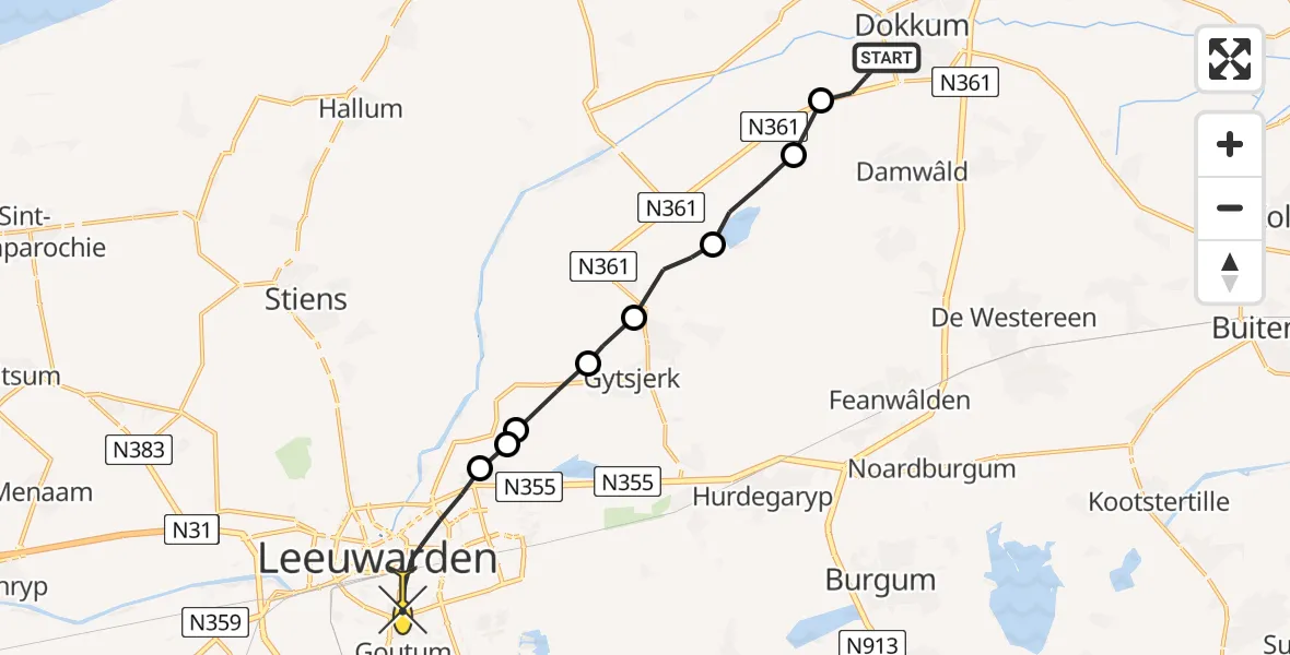 Routekaart van de vlucht: Ambulanceheli naar Leeuwarden, Yndyksloane