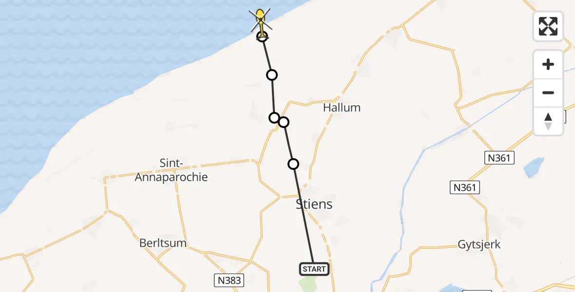 Routekaart van de vlucht: Ambulanceheli naar Marrum, Hege Hearewei