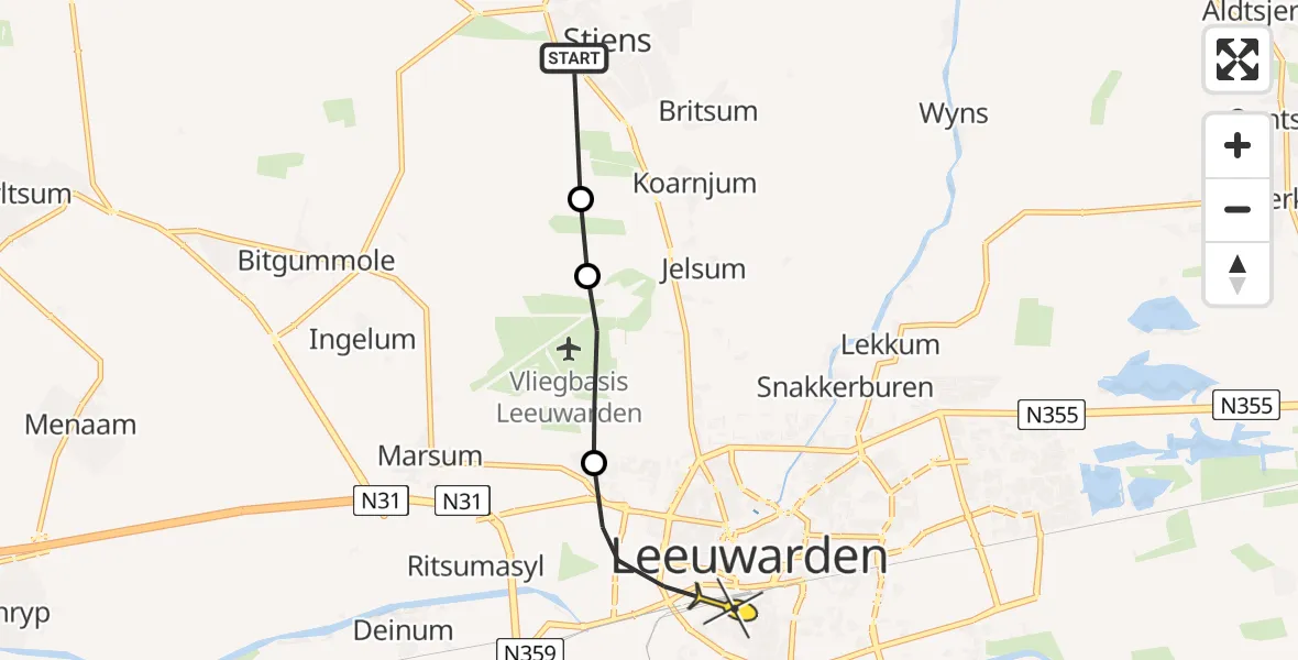 Routekaart van de vlucht: Ambulanceheli naar Leeuwarden, Nijlânsdyk