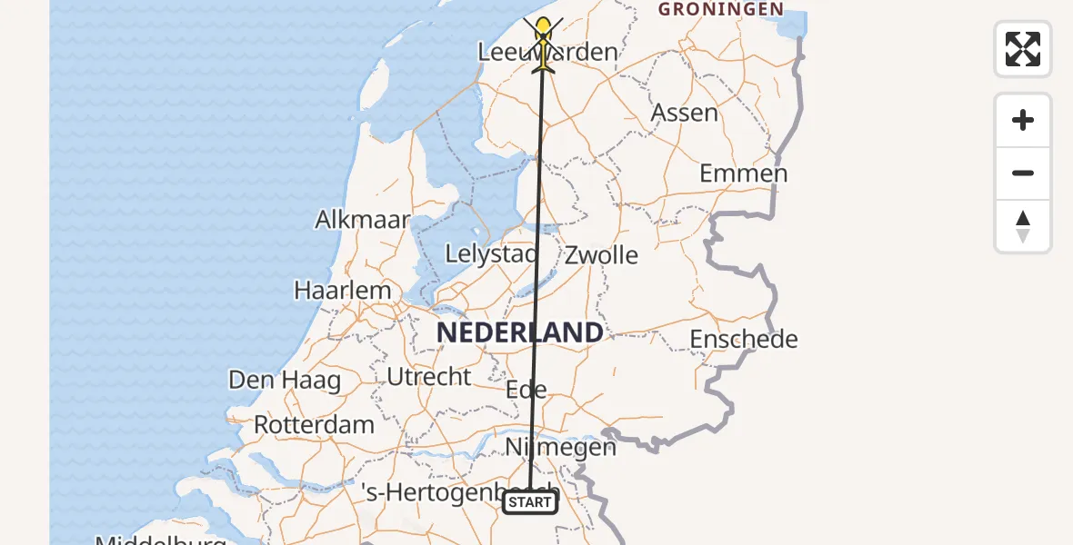 Vluchtroute Traumahelikopter van Vliegbasis Volkel naar Vliegbasis Leeuwarden